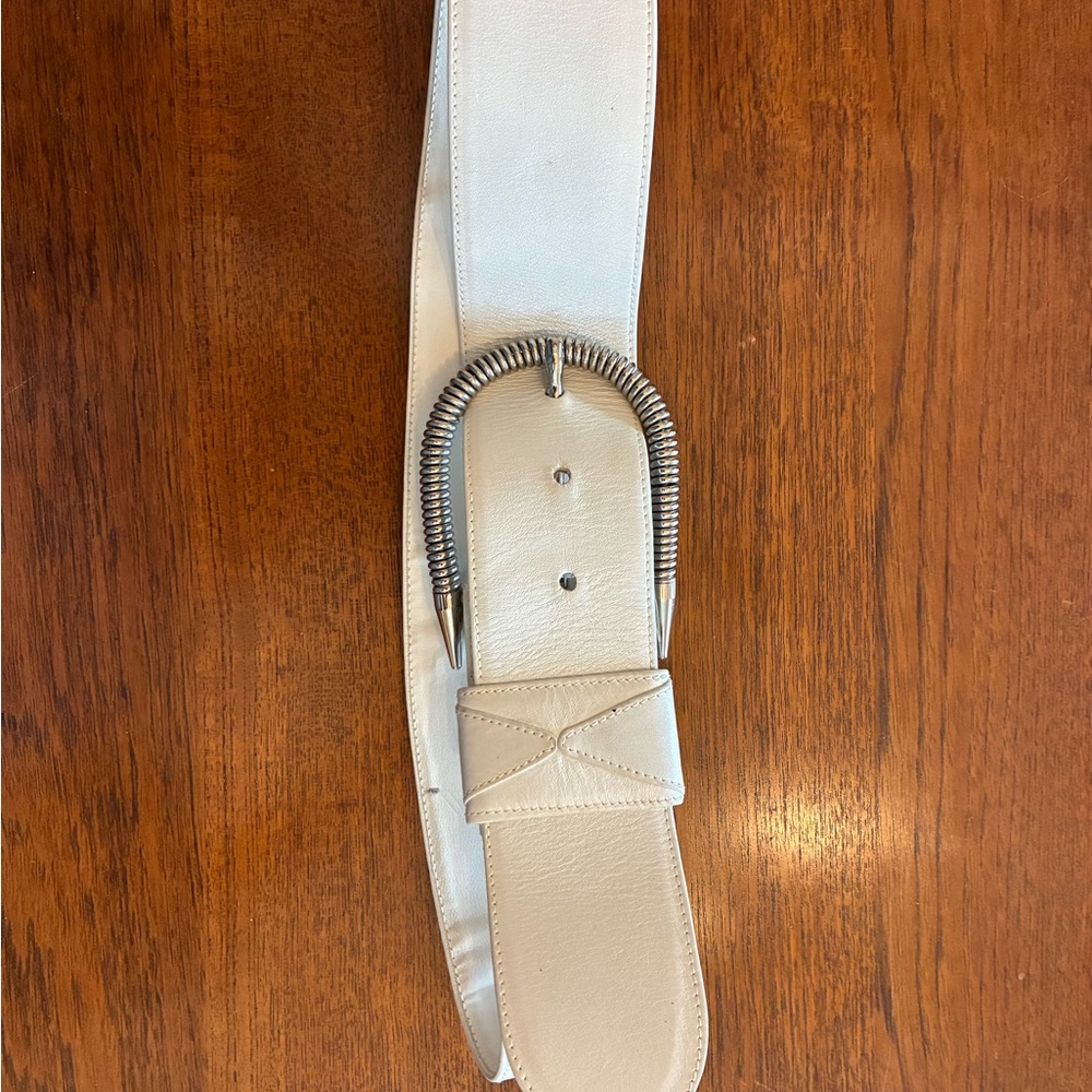 White Leather Belt with Silver Buckle